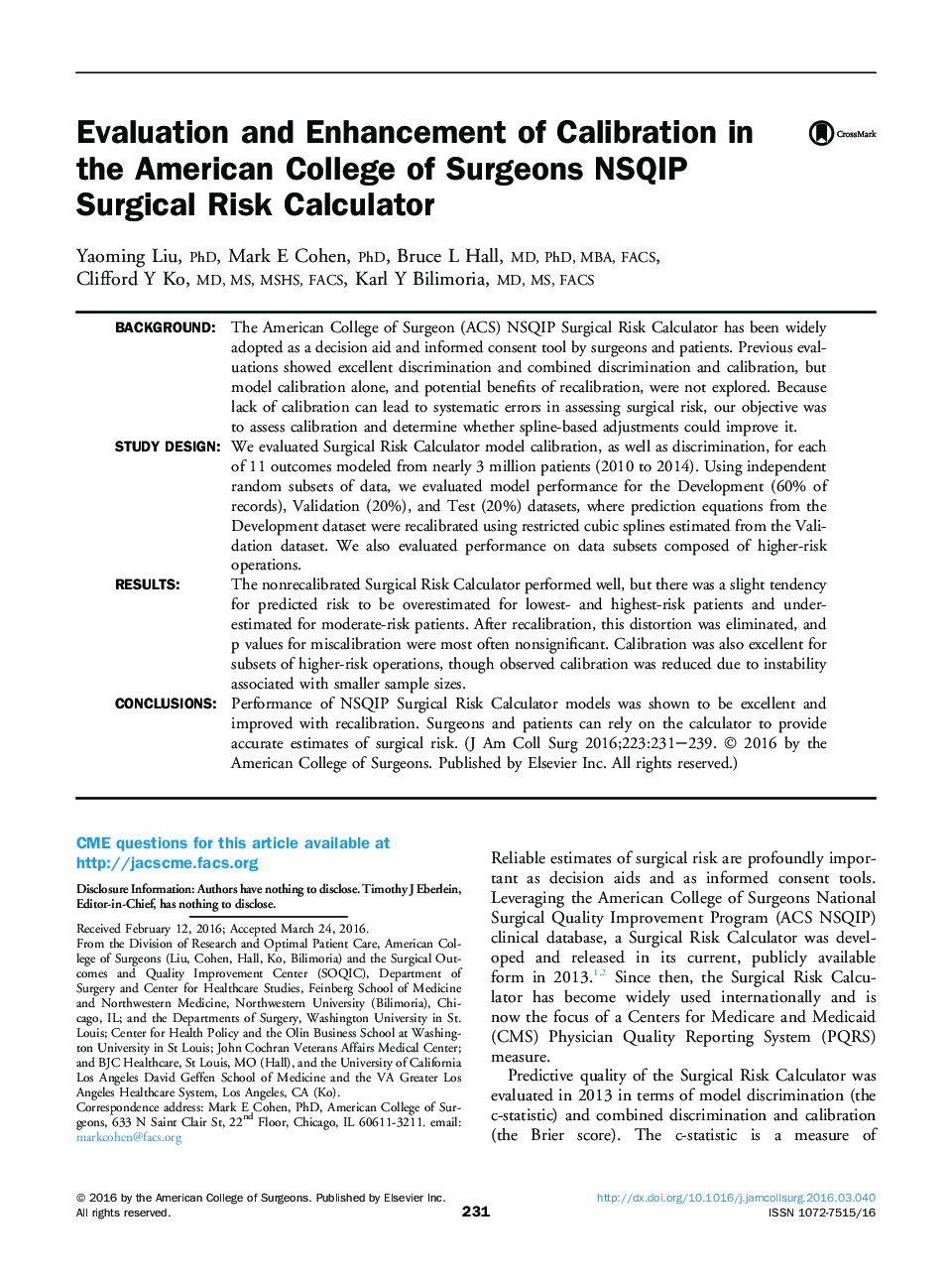 Original scientific articleEvaluation and Enhancement of Calibration in the American College of Surgeons NSQIP Surgical Risk Calculator