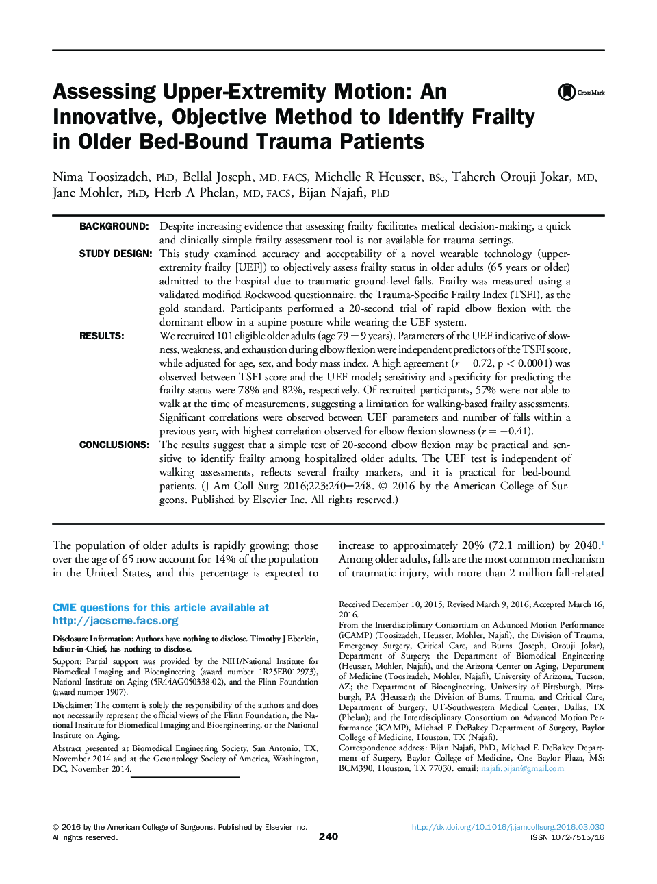 Original scientific articleAssessing Upper-Extremity Motion: An Innovative, Objective Method to Identify Frailty in Older Bed-Bound Trauma Patients