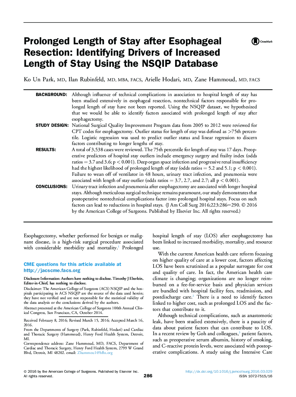 Original scientific articleProlonged Length of Stay after Esophageal Resection: Identifying Drivers of Increased Length of Stay Using the NSQIP Database