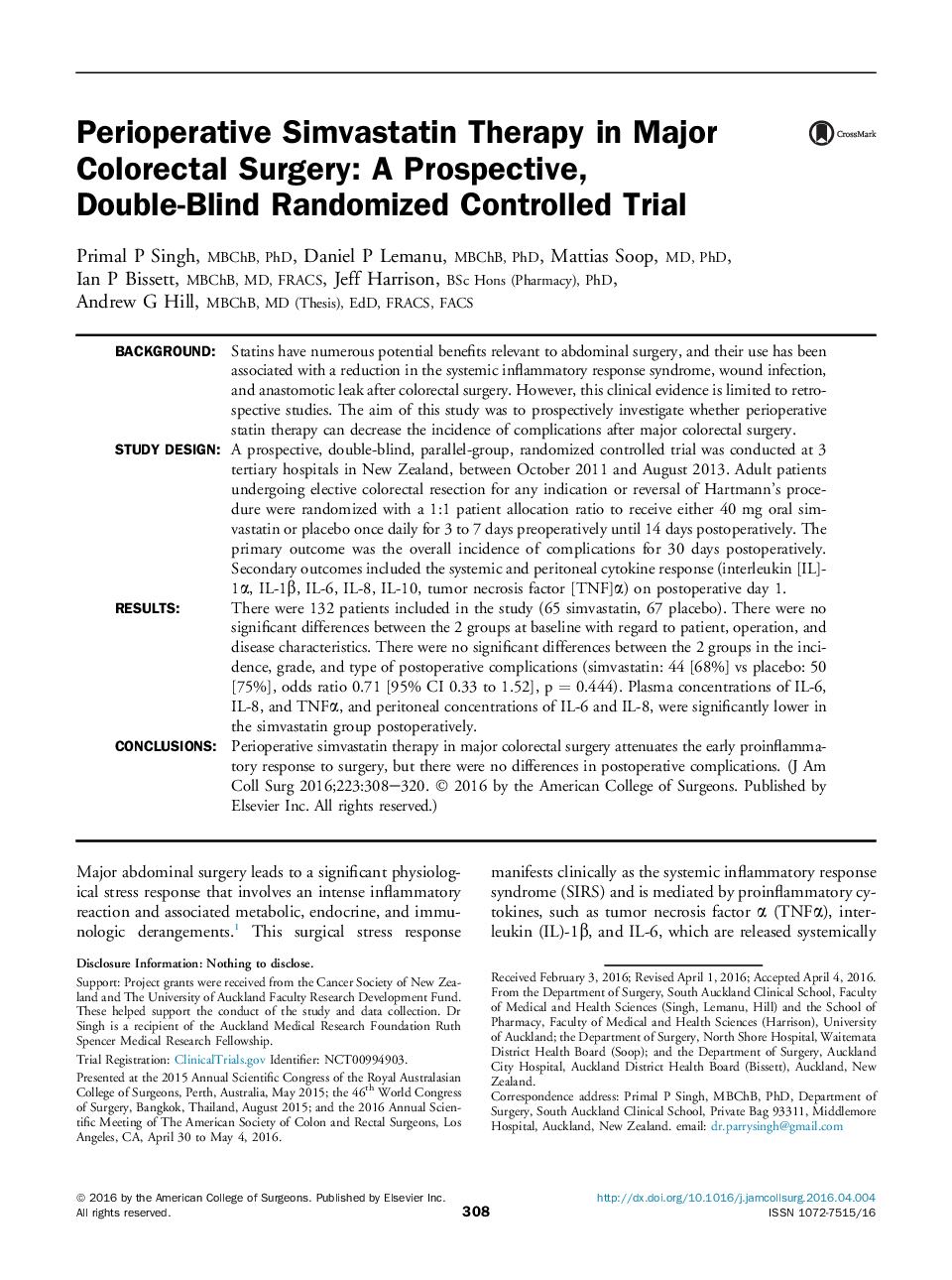 Original scientific articlePerioperative Simvastatin Therapy in Major Colorectal Surgery: A Prospective, Double-BlindÂ Randomized Controlled Trial