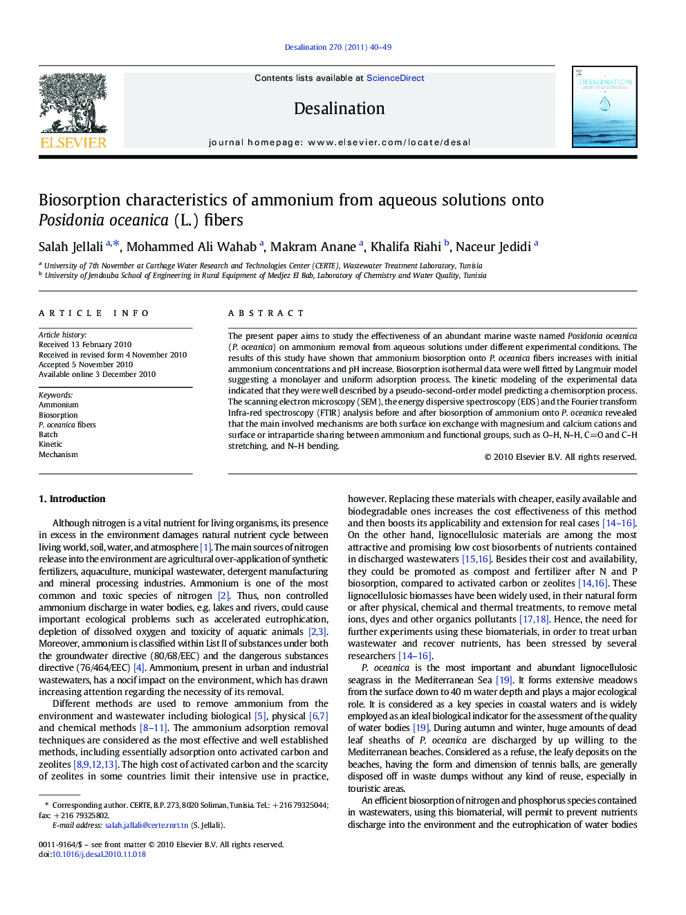 Biosorption characteristics of ammonium from aqueous solutions onto Posidonia oceanica (L.) fibers