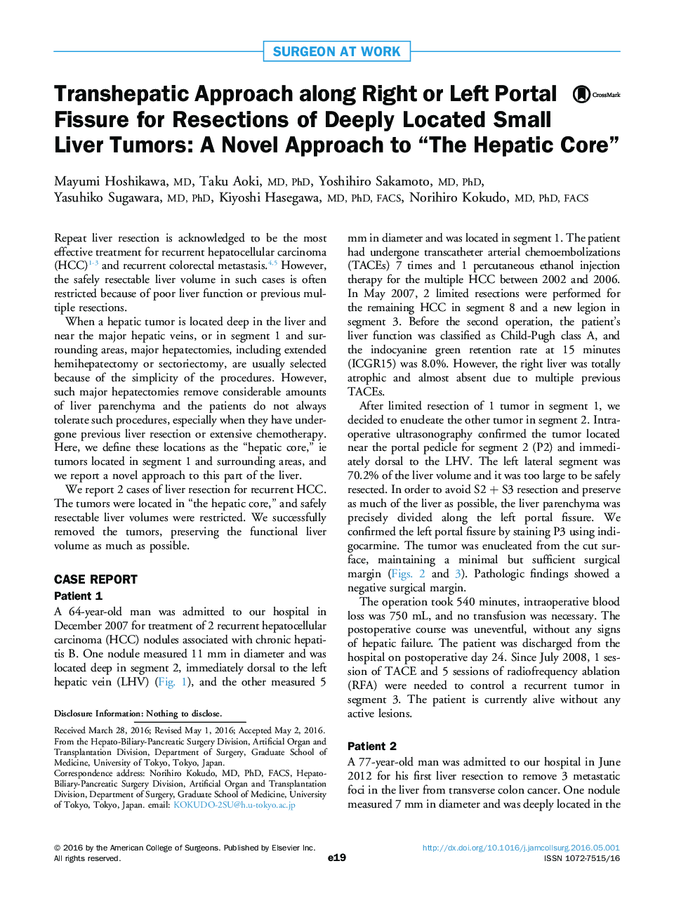 Transhepatic Approach along Right or Left Portal Fissure for Resections of Deeply Located Small Liver Tumors: A Novel Approach to “The Hepatic Core”