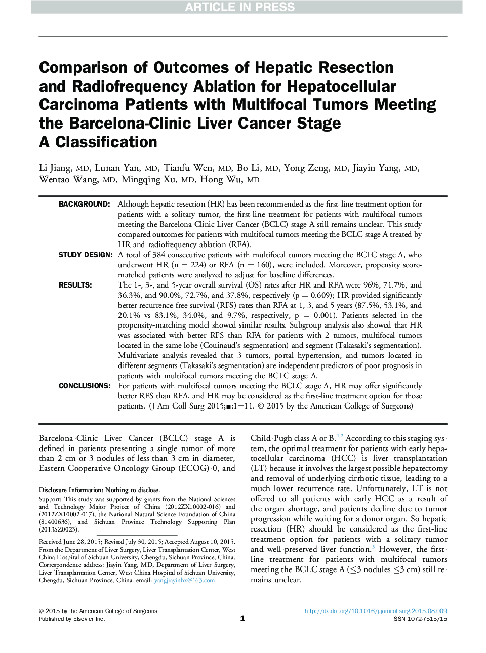 Comparison of Outcomes of Hepatic Resection and Radiofrequency Ablation for Hepatocellular Carcinoma Patients with Multifocal Tumors Meeting the Barcelona-Clinic Liver Cancer Stage AÂ Classification