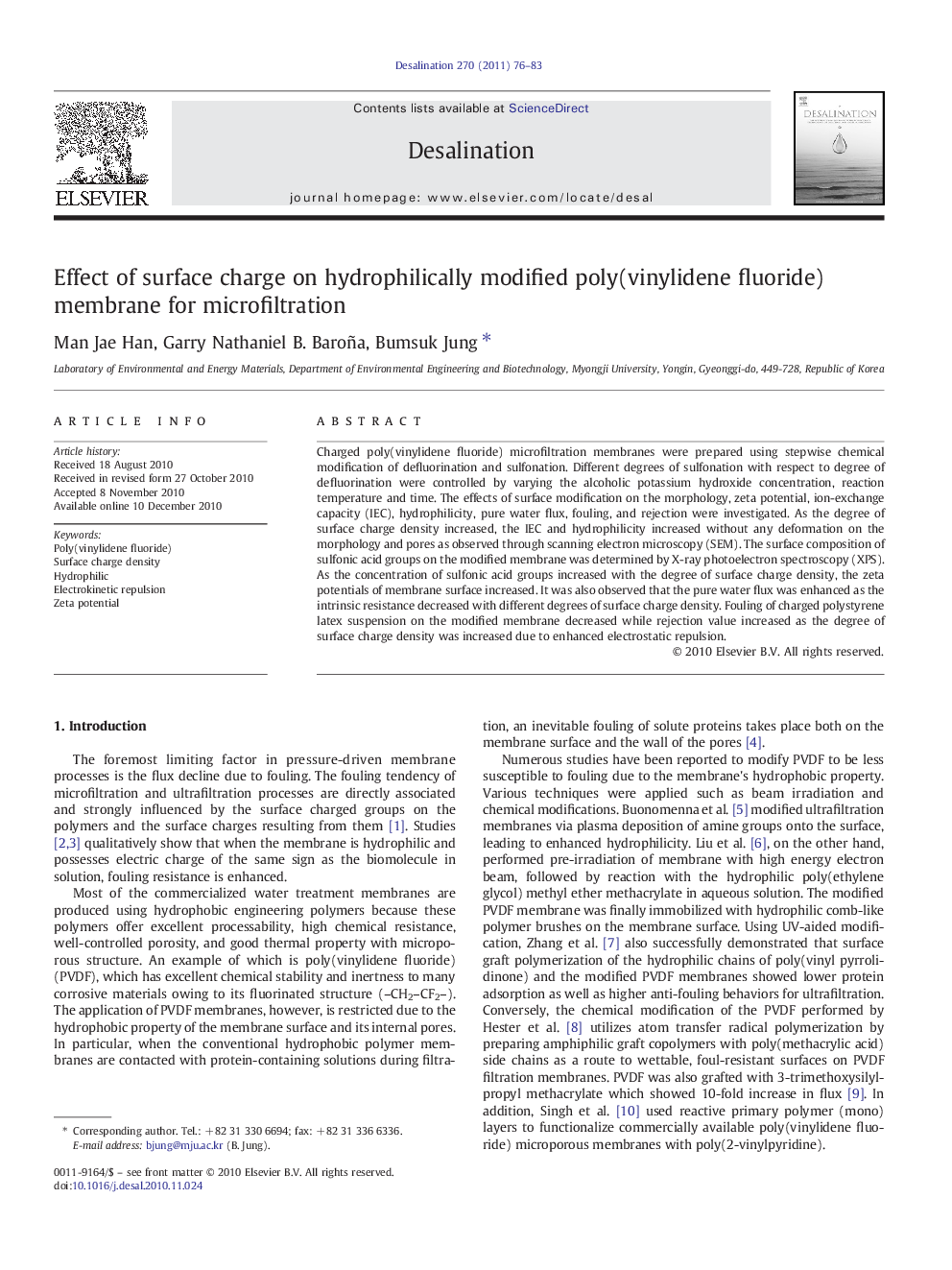 Effect of surface charge on hydrophilically modified poly(vinylidene fluoride) membrane for microfiltration