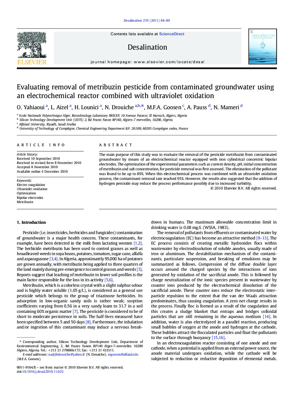 Evaluating removal of metribuzin pesticide from contaminated groundwater using an electrochemical reactor combined with ultraviolet oxidation