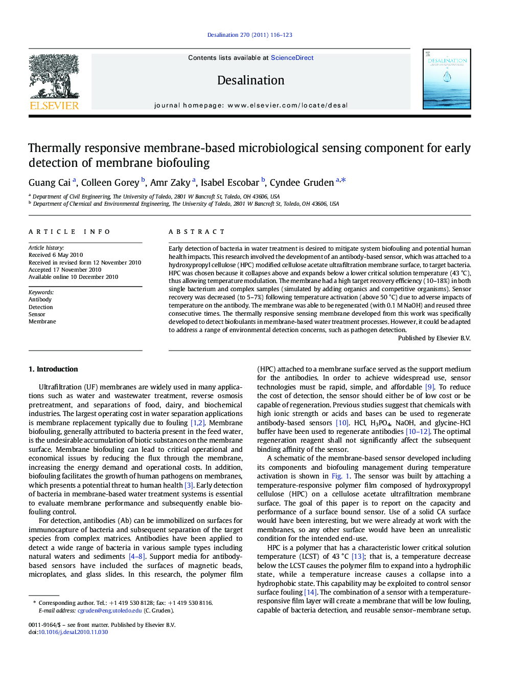 Thermally responsive membrane-based microbiological sensing component for early detection of membrane biofouling