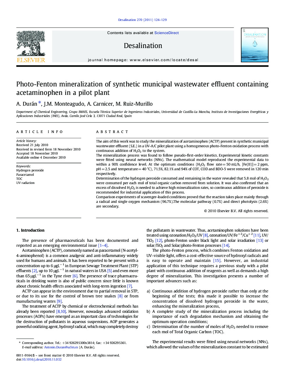 Photo-Fenton mineralization of synthetic municipal wastewater effluent containing acetaminophen in a pilot plant