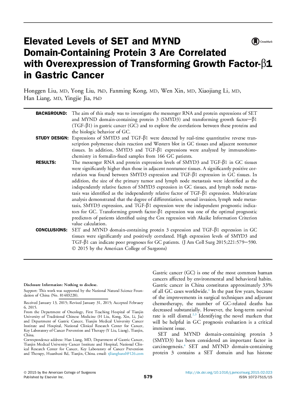 Original scientific articleElevated Levels of SET and MYND Domain-Containing Protein 3 Are Correlated withÂ Overexpression of Transforming Growth Factor-Î²1 in Gastric Cancer