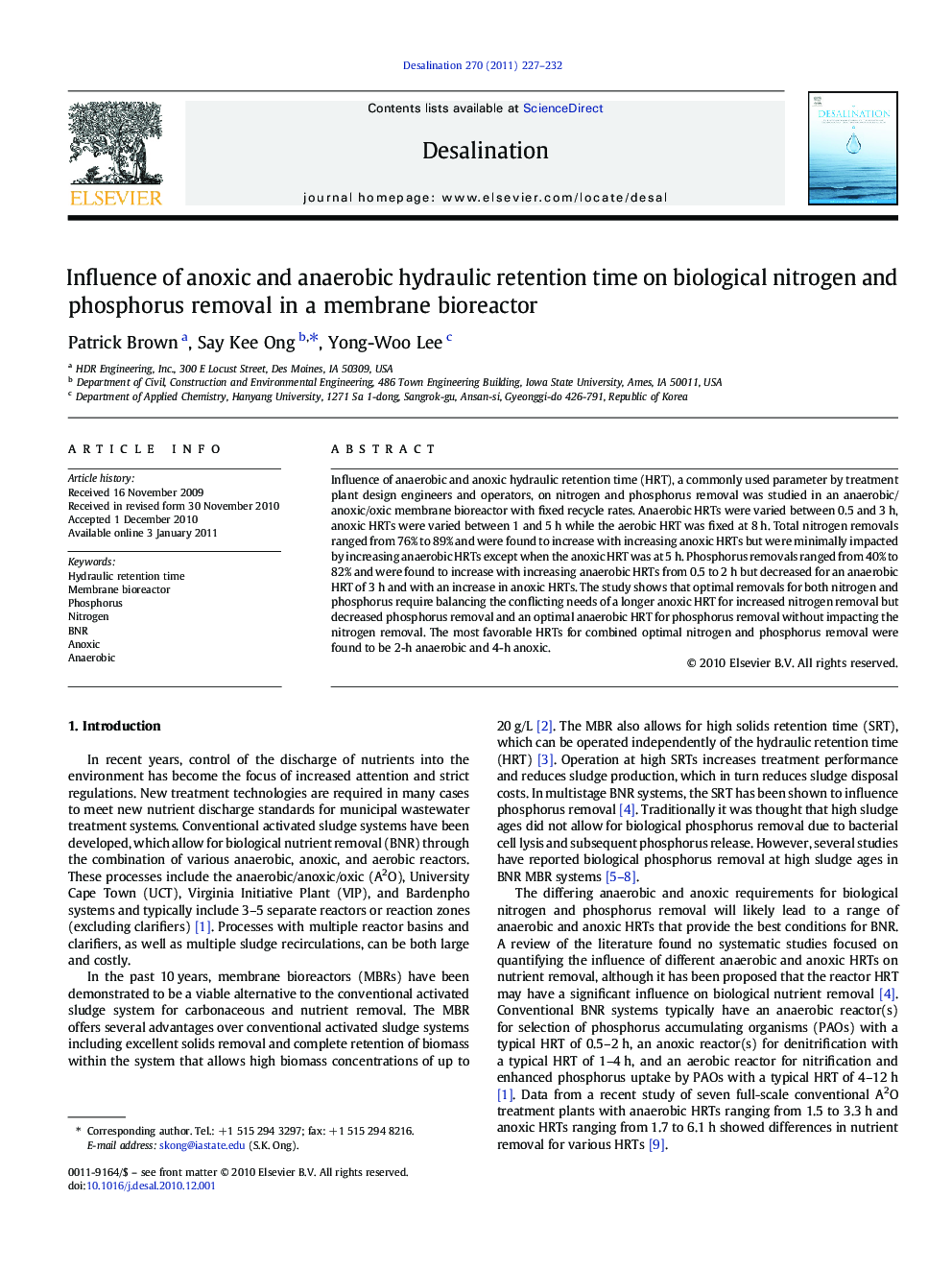 Influence of anoxic and anaerobic hydraulic retention time on biological nitrogen and phosphorus removal in a membrane bioreactor