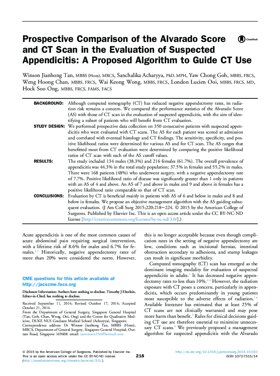 عکس صفحه اول مقاله: Original scientific articleProspective Comparison of the Alvarado Score and CT Scan in the Evaluation of Suspected Appendicitis: A Proposed Algorithm to Guide CT Use Original scientific articleProspective Comparison of the Alvarado Score and CT Scan in the Evaluation of Suspected Appendicitis: A Proposed Algorithm to Guide CT Use