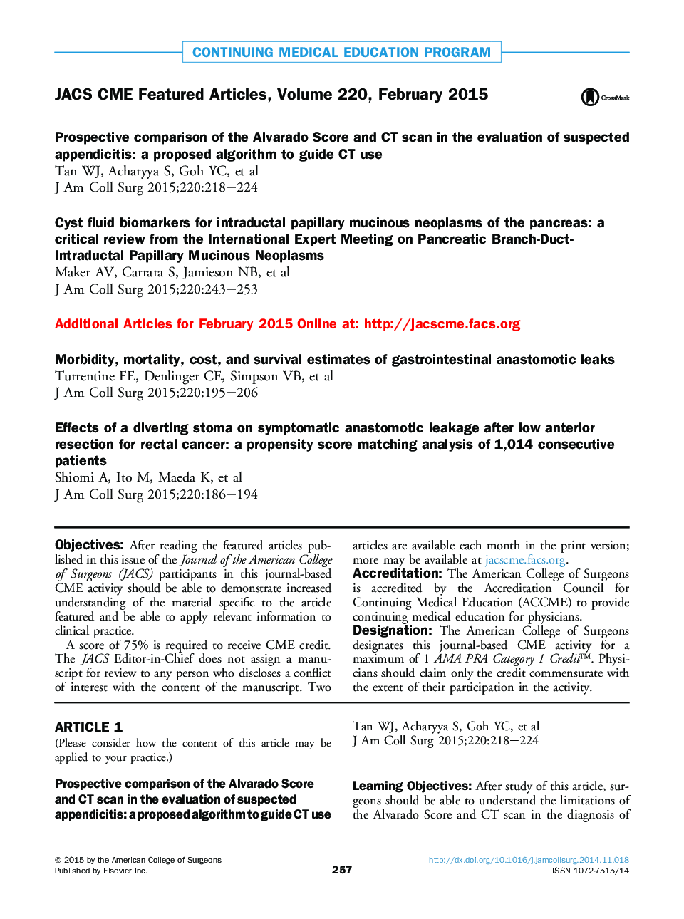 JACS CME Featured Articles, Volume 220, February 2015