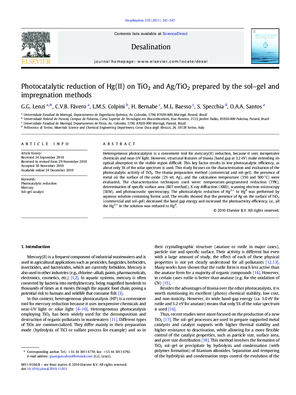 Photocatalytic reduction of Hg(II) on TiO2 and Ag/TiO2 prepared by the sol–gel and impregnation methods