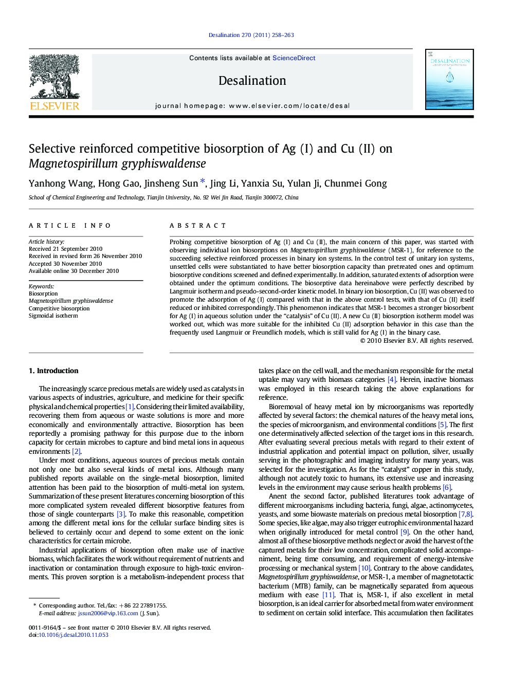Selective reinforced competitive biosorption of Ag (I) and Cu (II) on Magnetospirillum gryphiswaldense