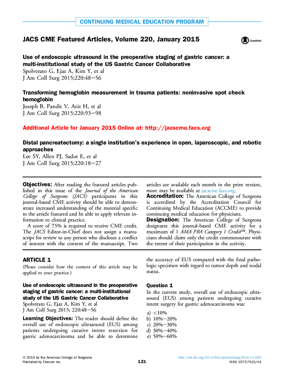 JACS CME Featured Articles, Volume 220, January 2015