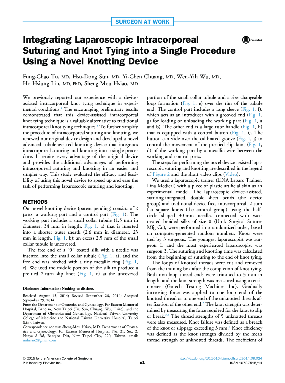 Integrating Laparoscopic Intracorporeal Suturing and Knot Tying into a Single Procedure Using a Novel Knotting Device