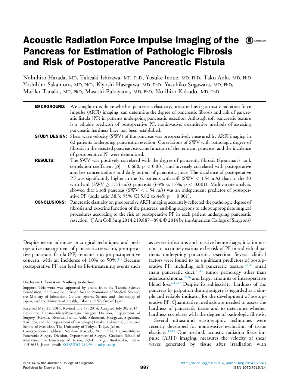 Original scientific articleAcoustic Radiation Force Impulse Imaging of the Pancreas for Estimation of Pathologic Fibrosis and Risk of Postoperative Pancreatic Fistula