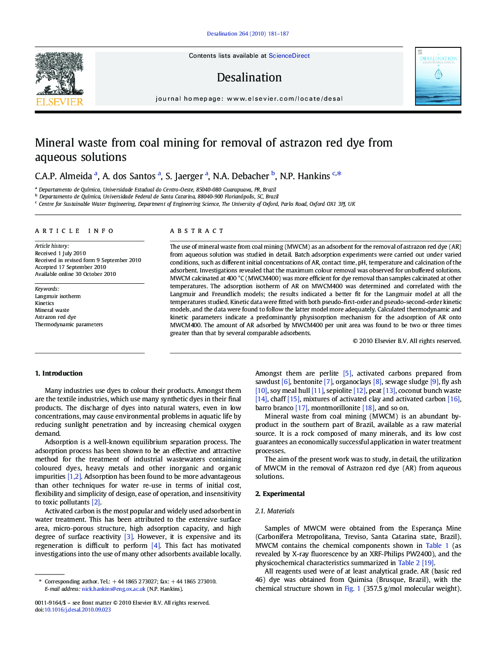 Mineral waste from coal mining for removal of astrazon red dye from aqueous solutions