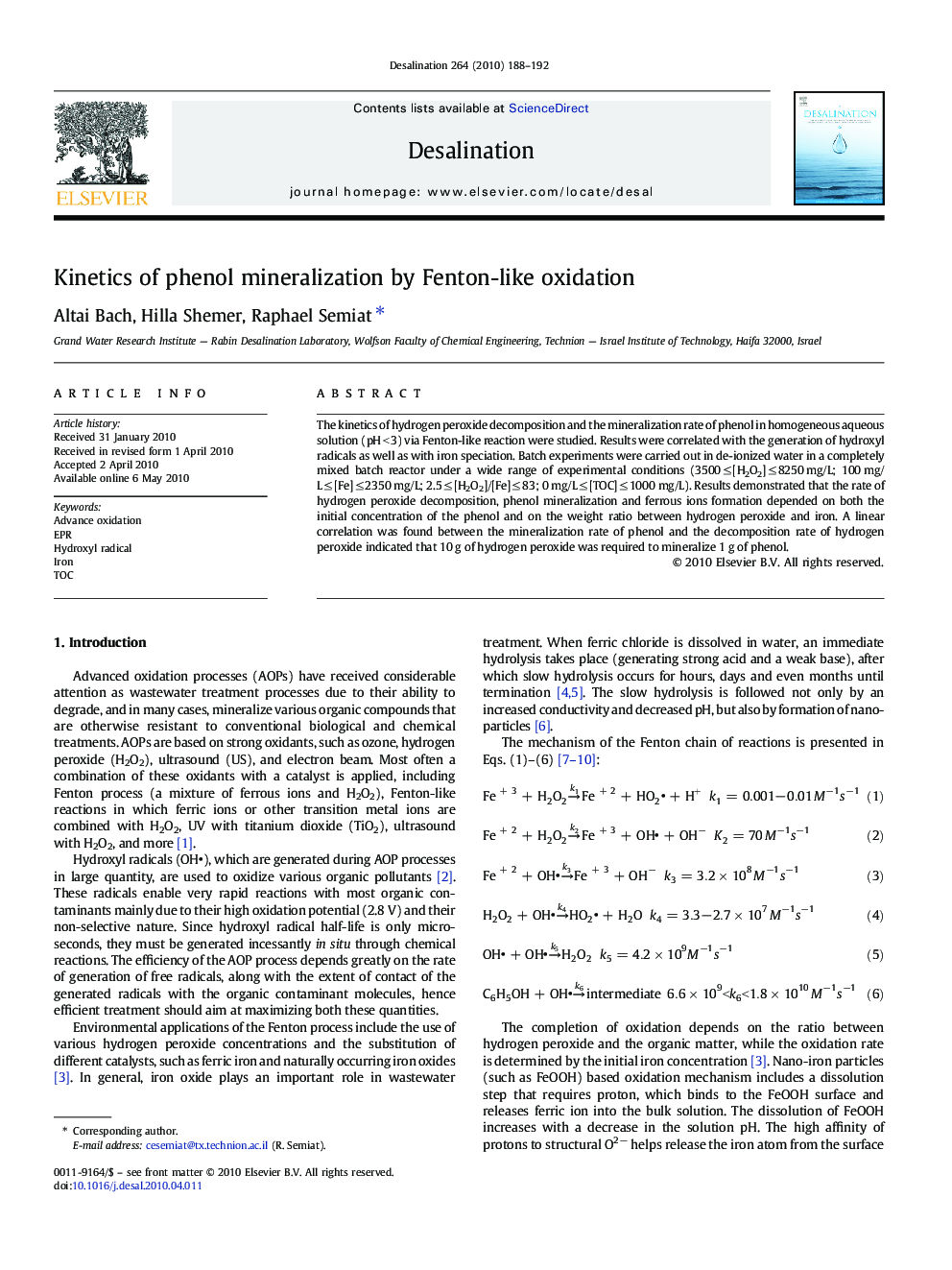 Kinetics of phenol mineralization by Fenton-like oxidation