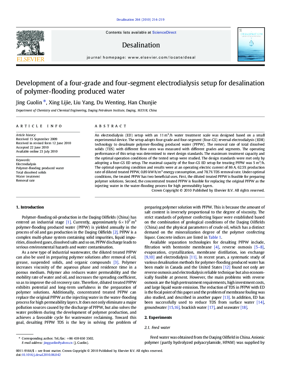 Development of a four-grade and four-segment electrodialysis setup for desalination of polymer-flooding produced water