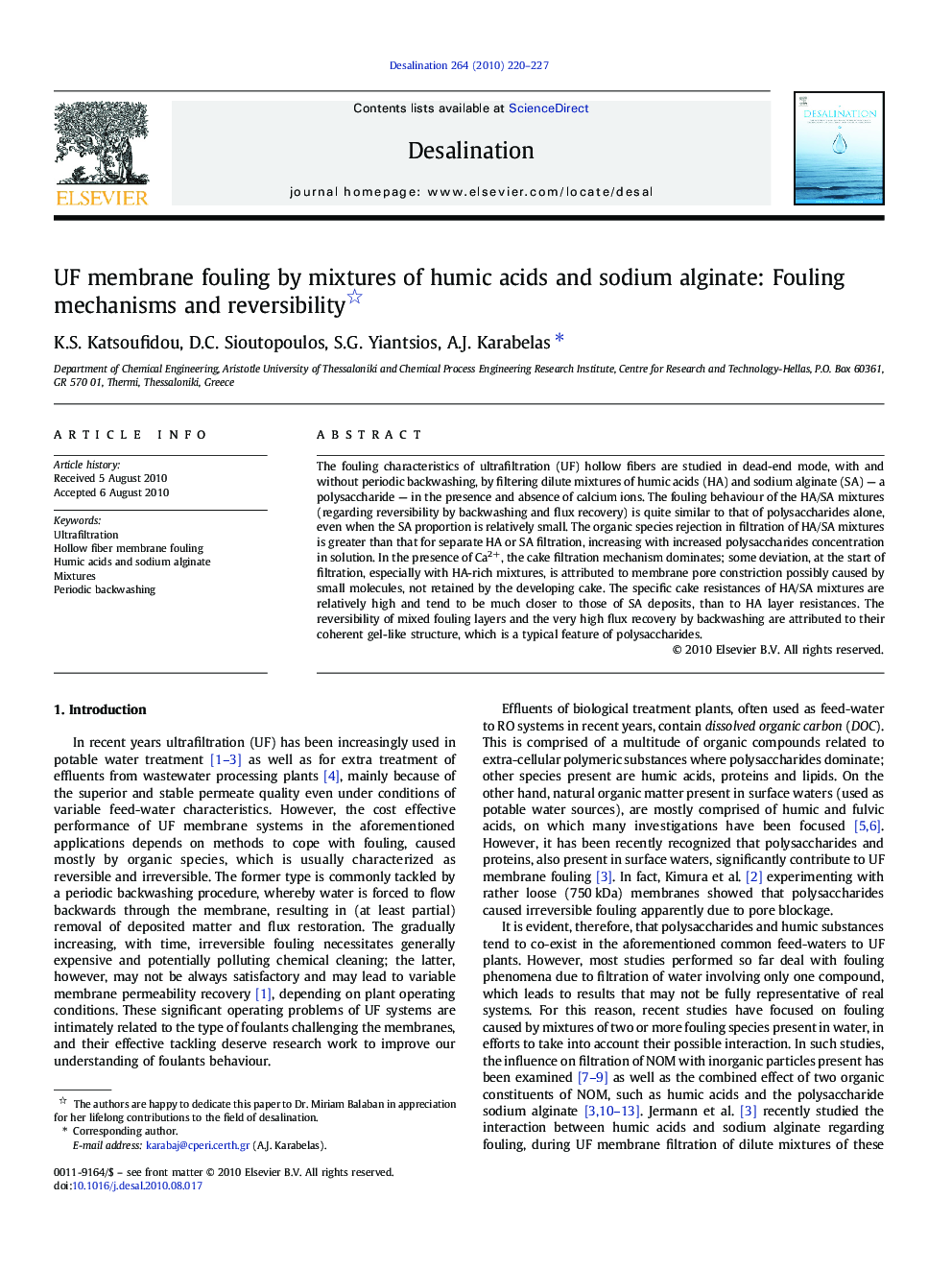 UF membrane fouling by mixtures of humic acids and sodium alginate: Fouling mechanisms and reversibility