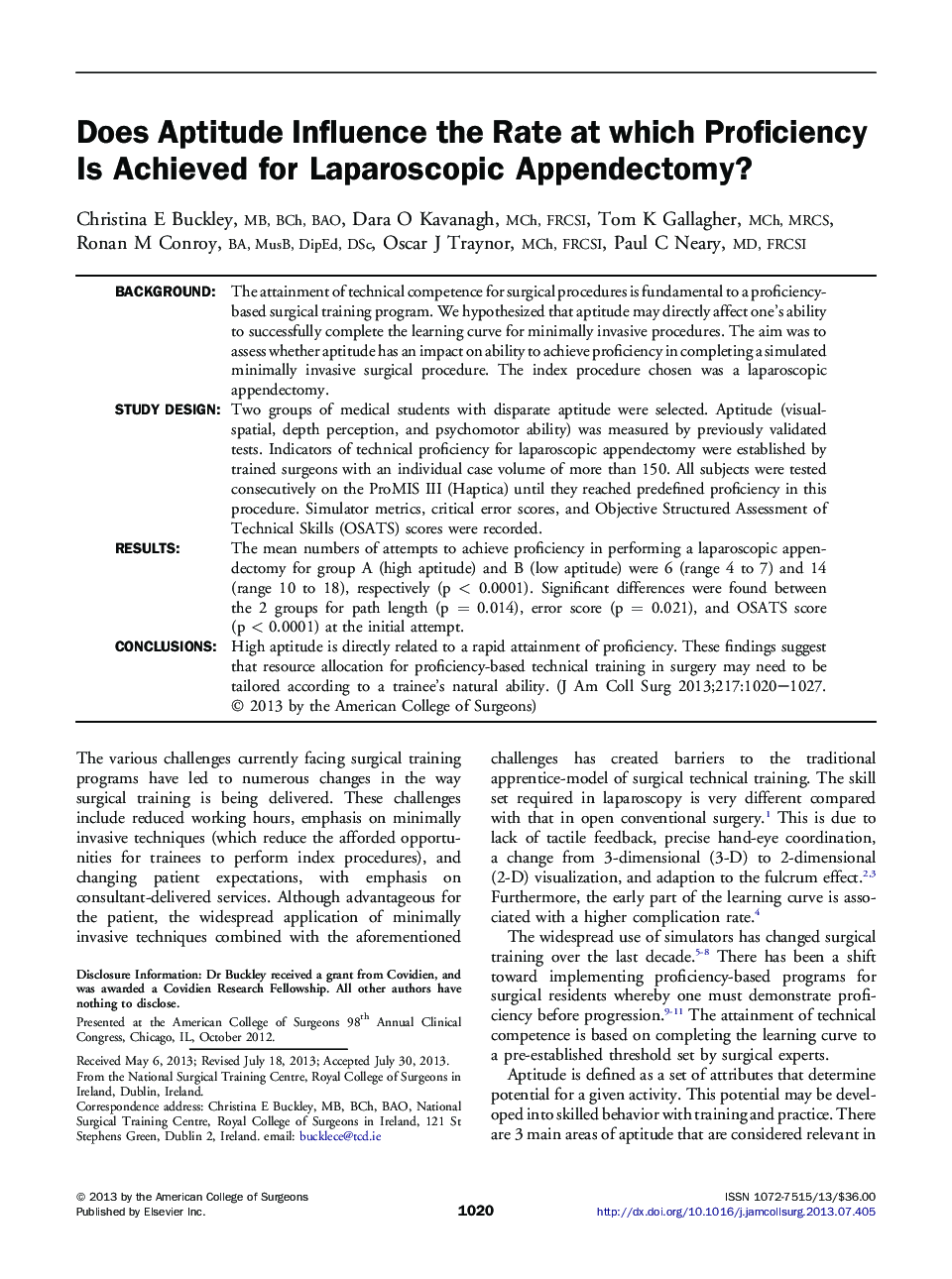 Original scientific articleDoes Aptitude Influence the Rate at which Proficiency Is Achieved for Laparoscopic Appendectomy?