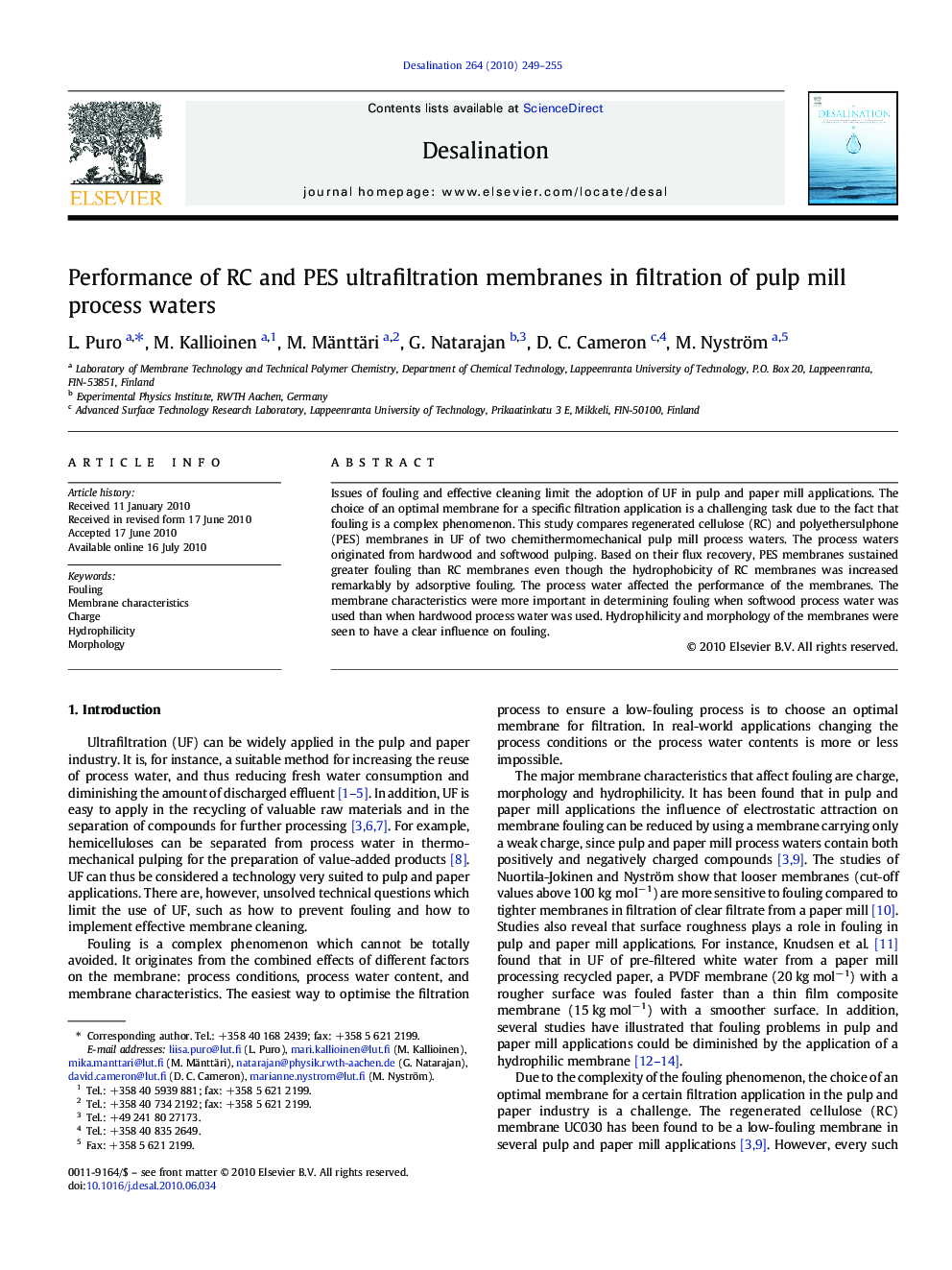 Performance of RC and PES ultrafiltration membranes in filtration of pulp mill process waters