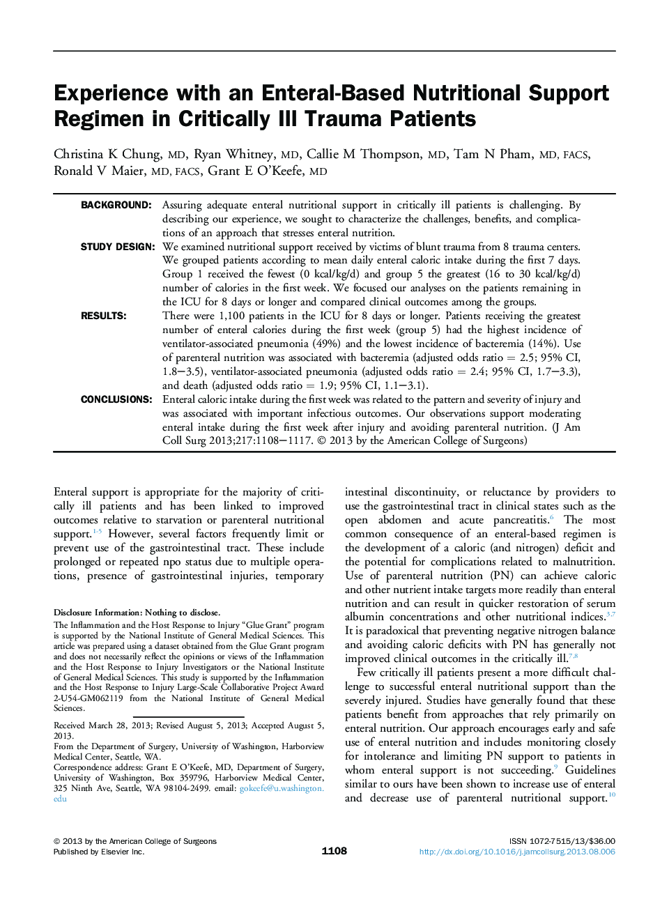 Original scientific articleExperience with an Enteral-Based Nutritional Support Regimen in Critically Ill Trauma Patients