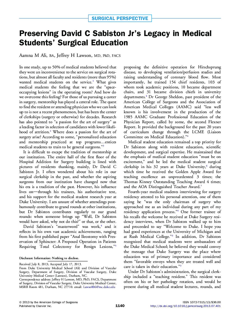 Preserving David C Sabiston Jr's Legacy in Medical Students' Surgical Education