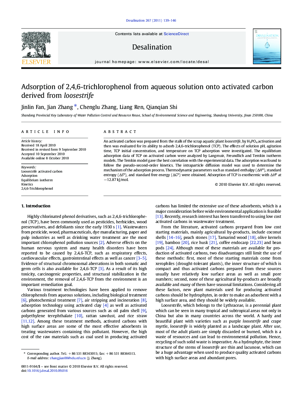 Adsorption of 2,4,6-trichlorophenol from aqueous solution onto activated carbon derived from loosestrife