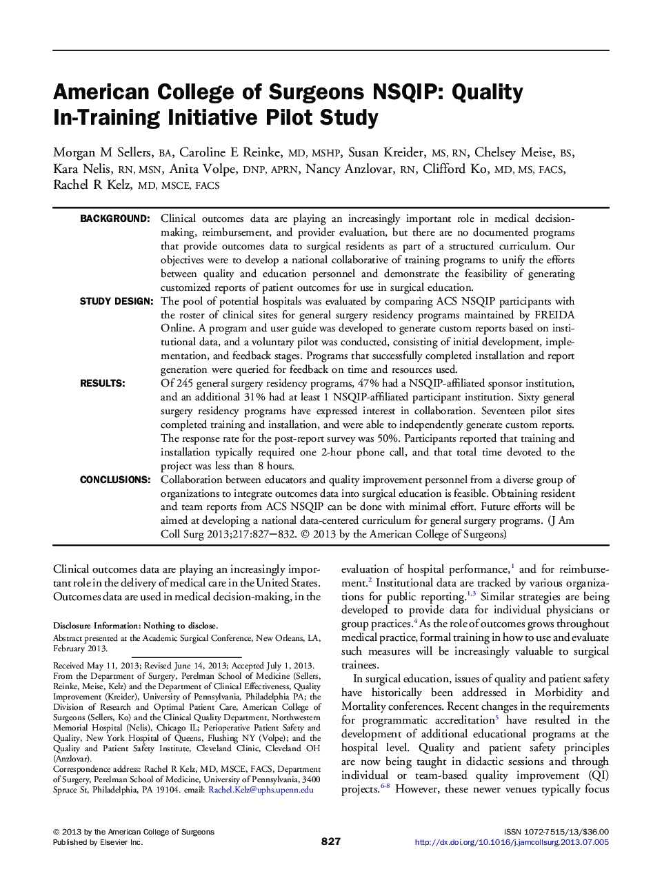Original scientific articleAmerican College of Surgeons NSQIP: Quality In-Training Initiative Pilot Study