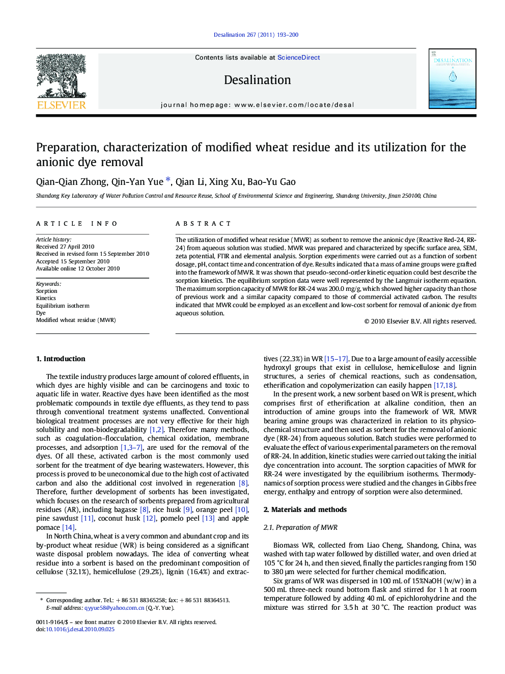 Preparation, characterization of modified wheat residue and its utilization for the anionic dye removal