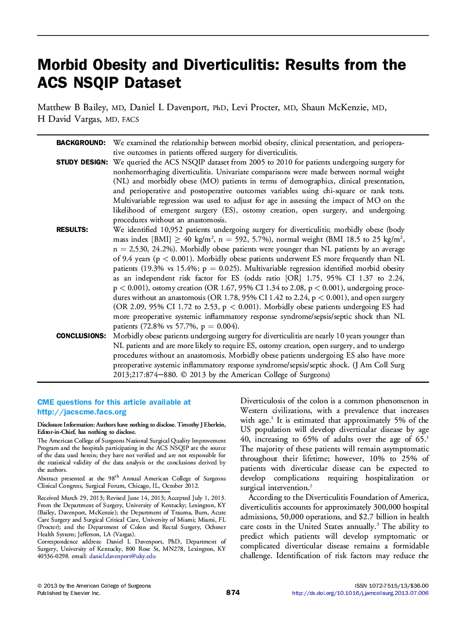 Original scientific articleMorbid Obesity and Diverticulitis: Results from the ACS NSQIP Dataset