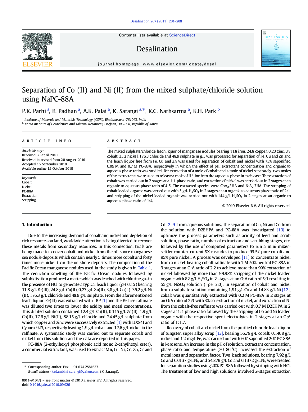 Separation of Co (II) and Ni (II) from the mixed sulphate/chloride solution using NaPC-88A