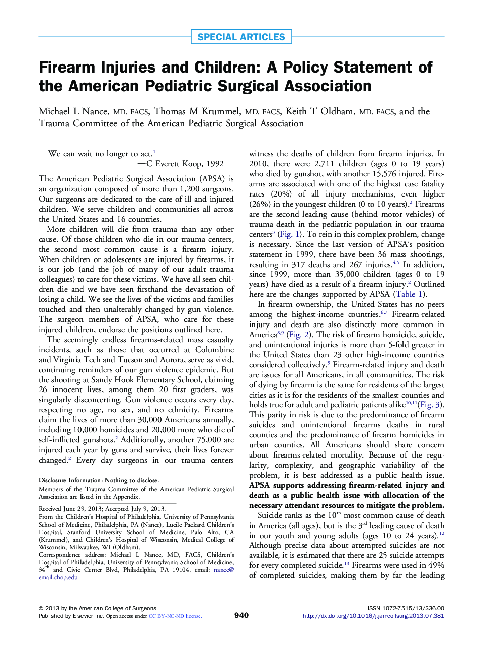 Firearm Injuries and Children: A Policy Statement of the American Pediatric Surgical Association