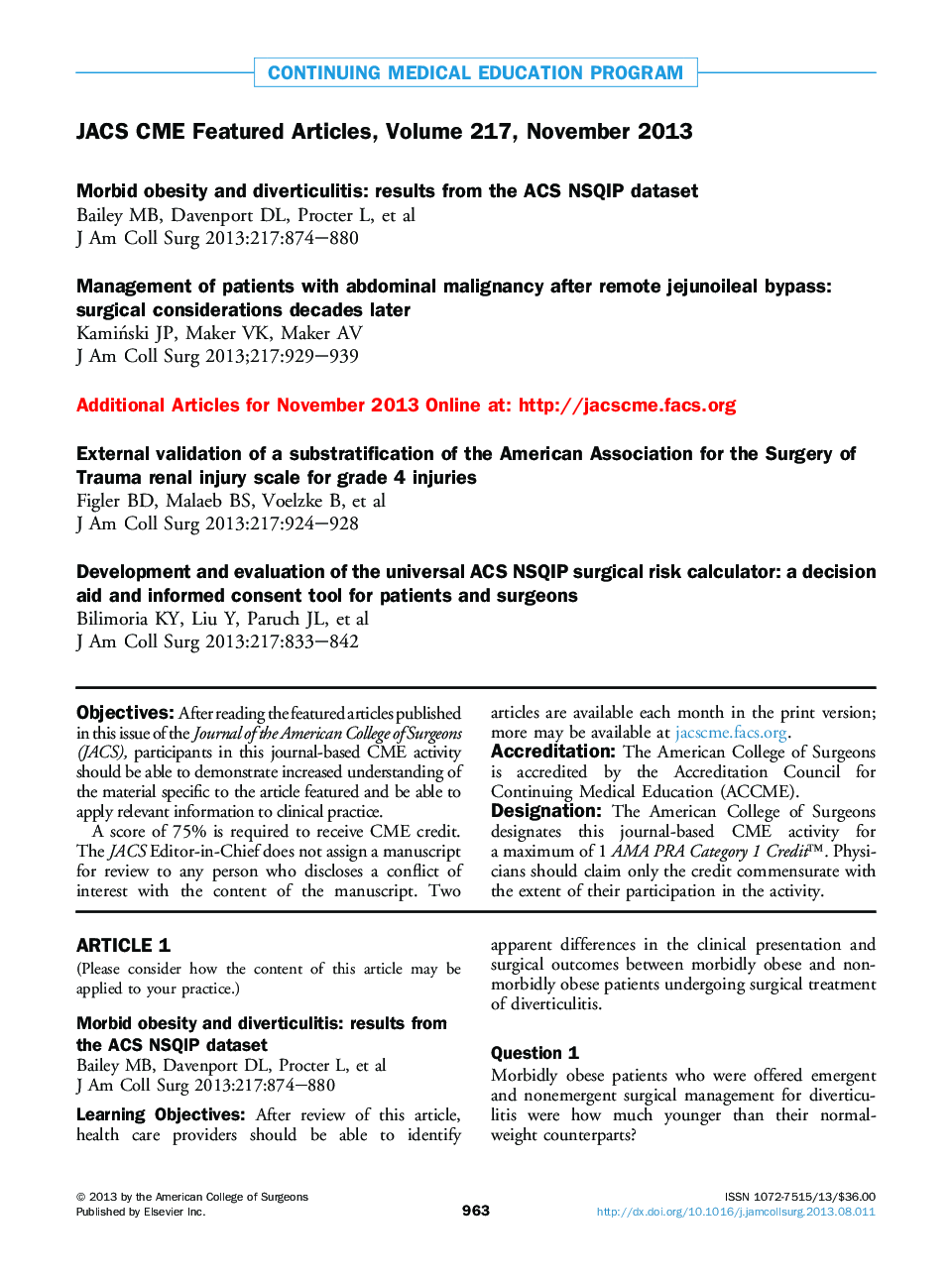 JACS CME Featured Articles, Volume 217, November 2013