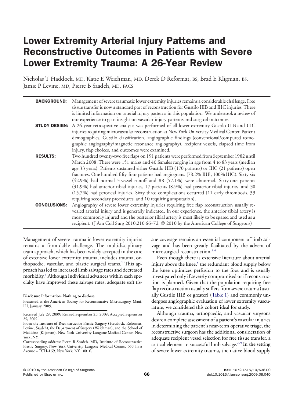 Original scientific articleLower Extremity Arterial Injury Patterns and Reconstructive Outcomes in Patients with Severe Lower Extremity Trauma: A 26-Year Review