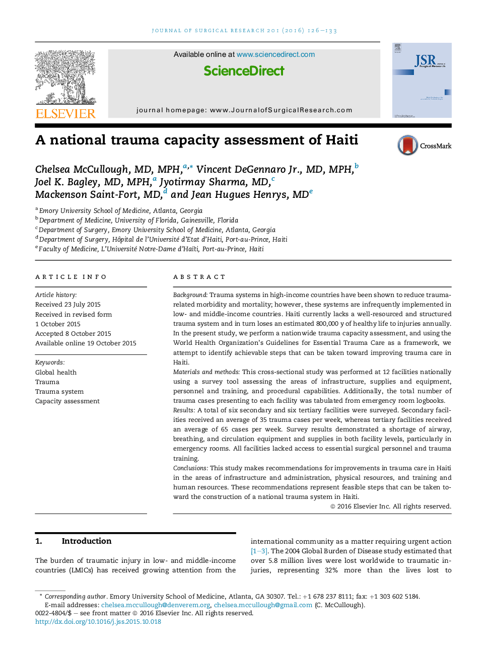 Global HealthA national trauma capacity assessment of Haiti