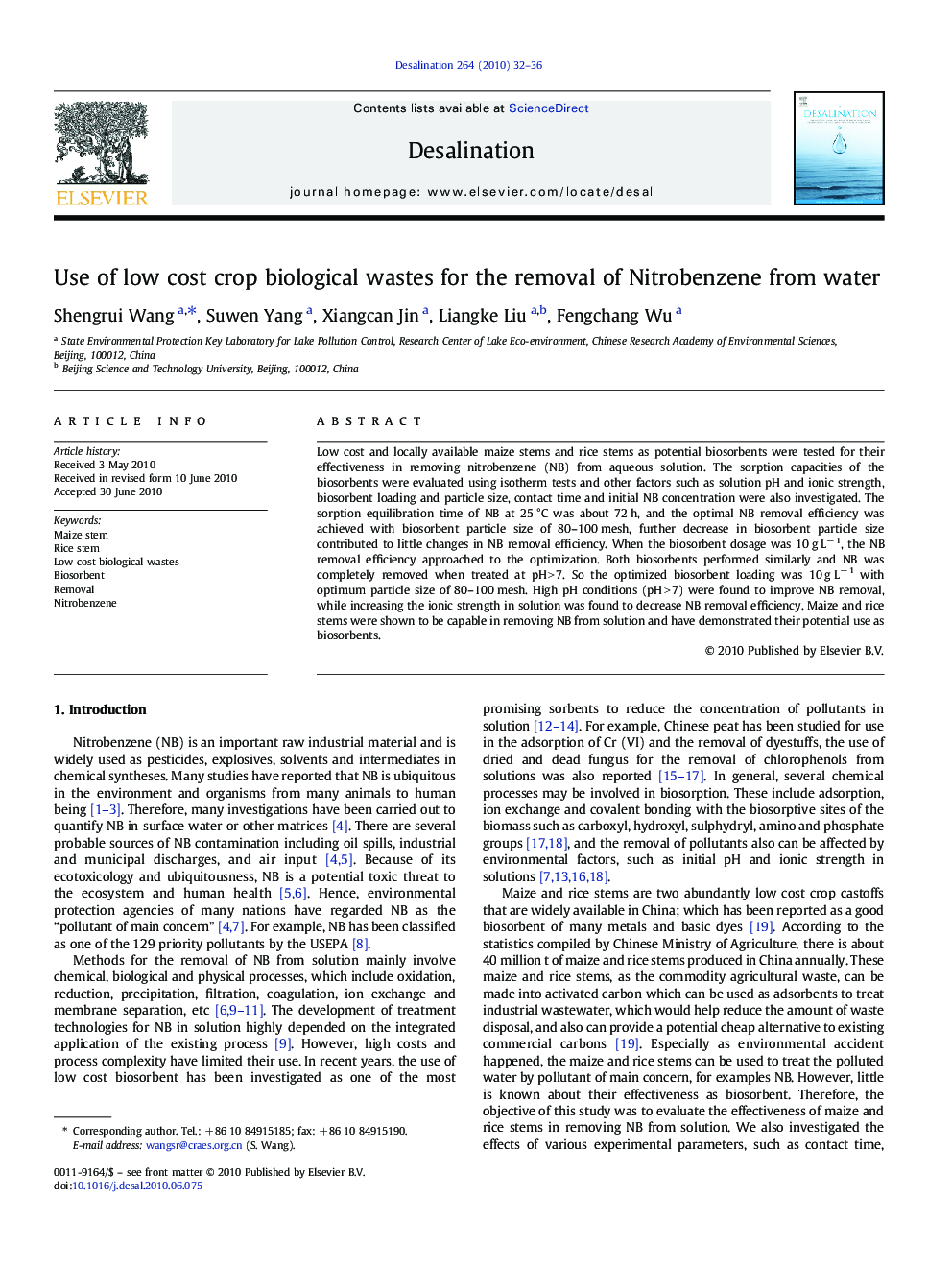 Use of low cost crop biological wastes for the removal of Nitrobenzene from water