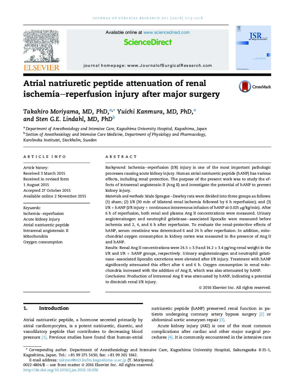 Shock/Sepsis/Trauma/Critical CareAtrial natriuretic peptide attenuation of renal ischemia-reperfusion injury after major surgery