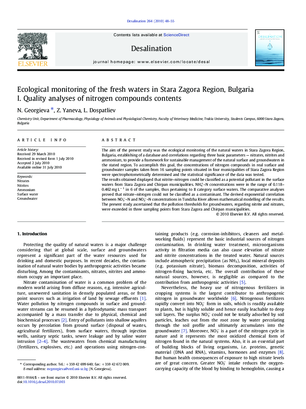 Ecological monitoring of the fresh waters in Stara Zagora Region, Bulgaria: I. Quality analyses of nitrogen compounds contents