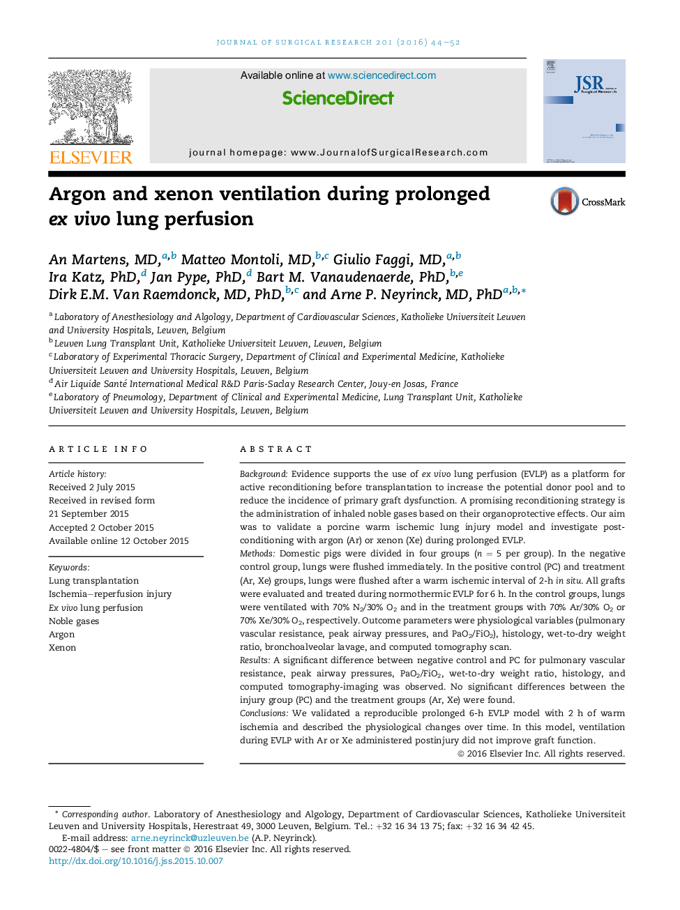 Transplantation/ImmunologyArgon and xenon ventilation during prolonged exÂ vivo lung perfusion