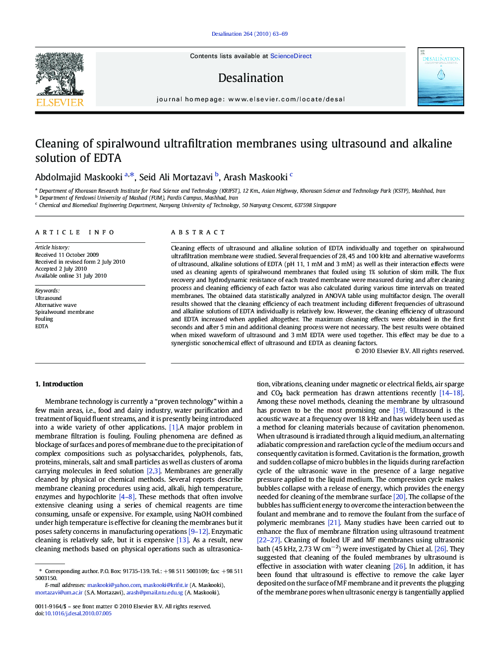 Cleaning of spiralwound ultrafiltration membranes using ultrasound and alkaline solution of EDTA