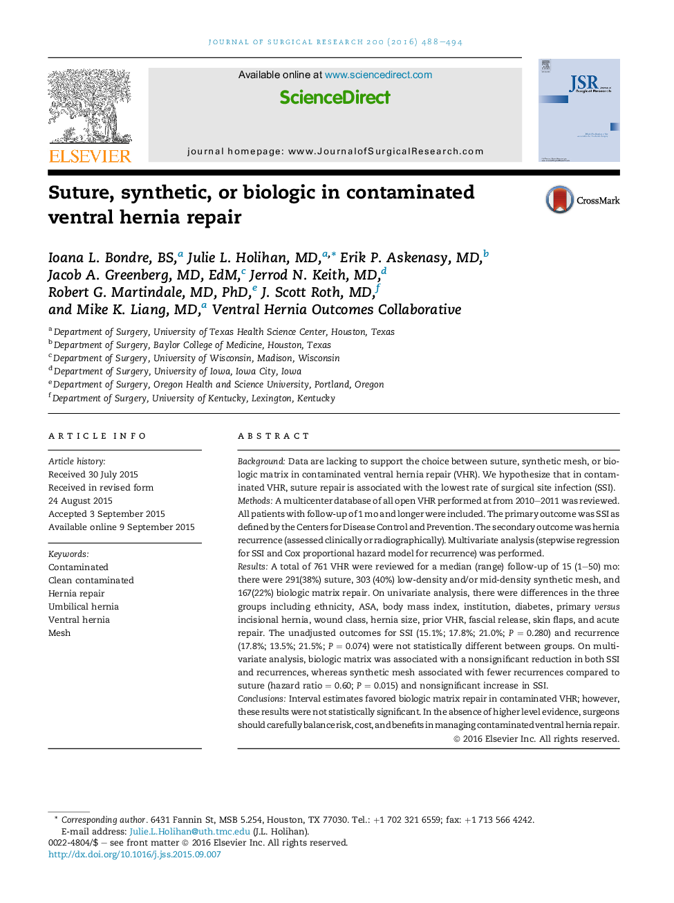 GastrointestinalSuture, synthetic, or biologic in contaminated ventral hernia repair