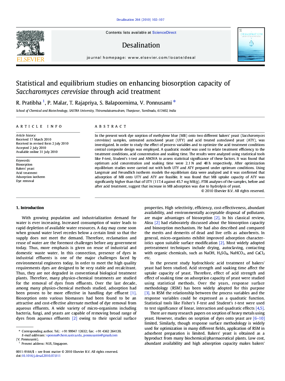 Statistical and equilibrium studies on enhancing biosorption capacity of Saccharomyces cerevisiae through acid treatment