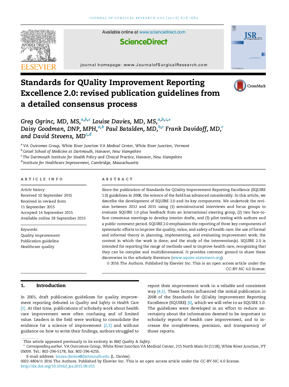 Special ArticleStandards for QUality Improvement Reporting Excellence 2.0: revised publication guidelines from a detailed consensus process