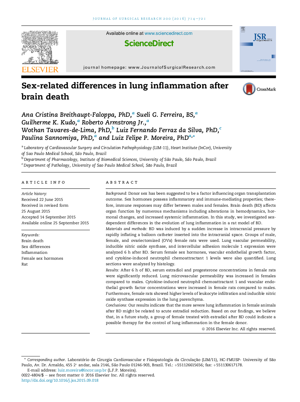 Transplantation/ImmunologySex-related differences in lung inflammation after brain death