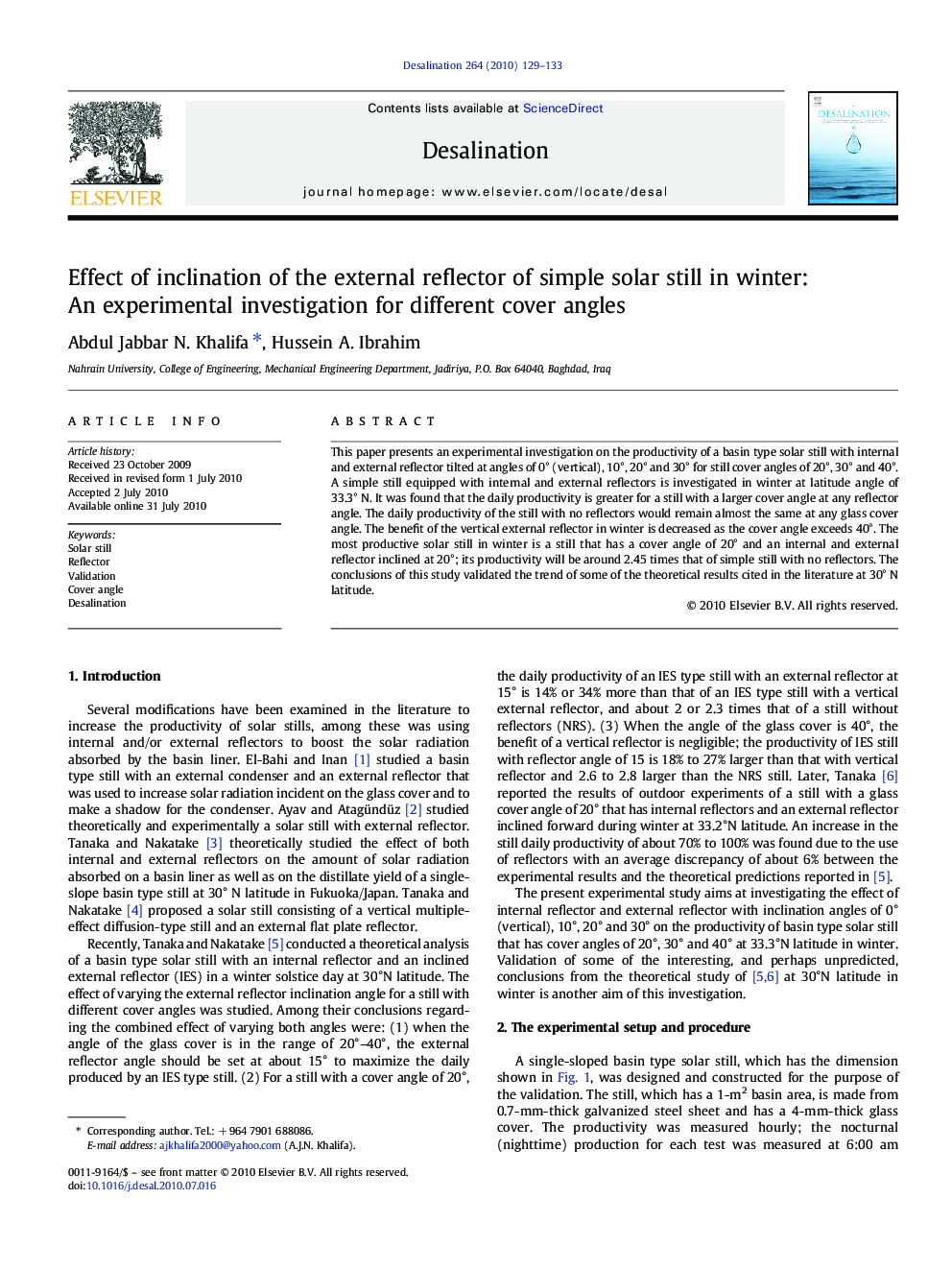 Effect of inclination of the external reflector of simple solar still in winter: An experimental investigation for different cover angles