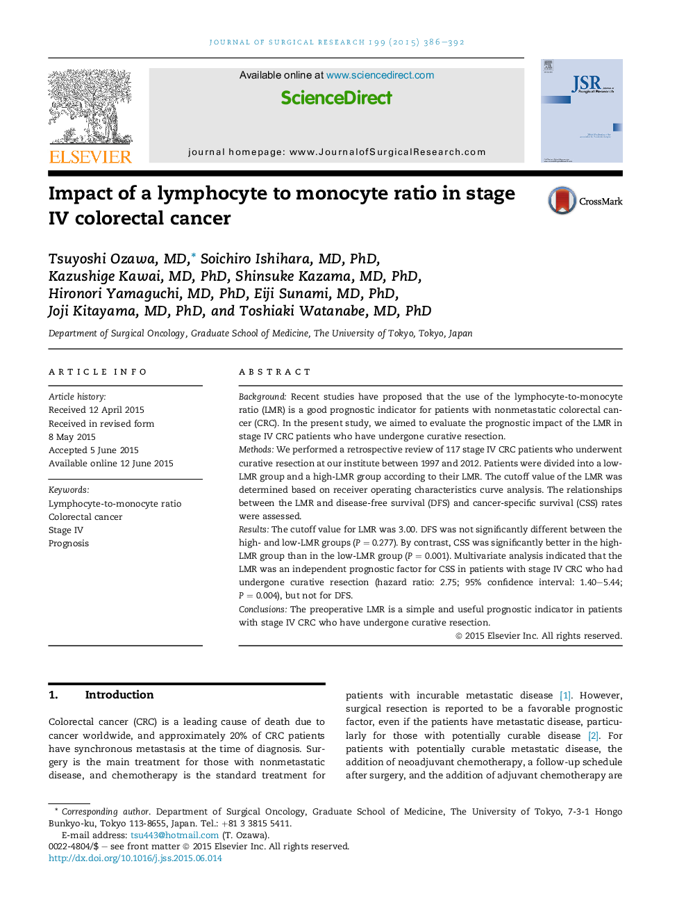 GastrointestinalImpact of a lymphocyte to monocyte ratio in stage IV colorectal cancer