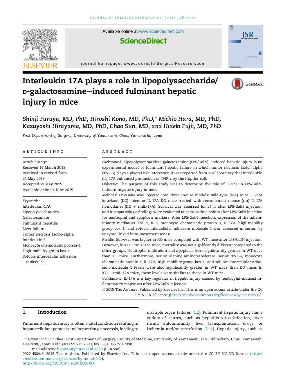 Oncology/EndocrineInterleukin 17A plays a role in lipopolysaccharide/d-galactosamine-induced fulminant hepatic injury in mice