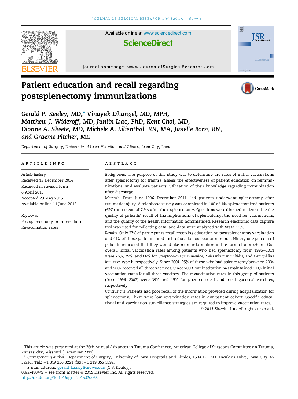 Shock/Sepsis/Trauma/Critical CarePatient education and recall regarding postsplenectomy immunizations